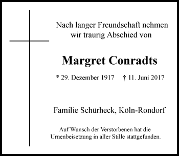 Anzeige von Margret Conradts von  Kölner Wochenspiegel 