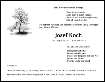 Anzeige von Josef Koch von Kölner Stadt-Anzeiger / Kölnische Rundschau / Express