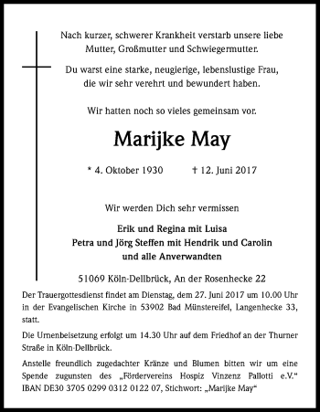 Anzeige von Marijke May von Kölner Stadt-Anzeiger / Kölnische Rundschau / Express