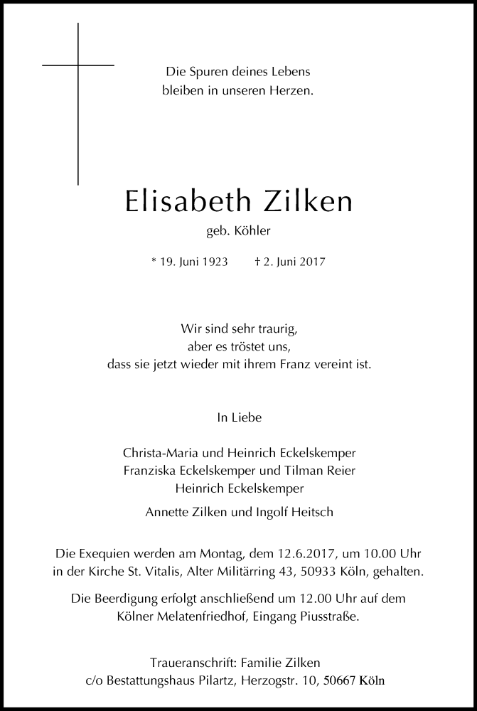  Traueranzeige für Elisabeth Zilken vom 08.06.2017 aus Kölner Stadt-Anzeiger / Kölnische Rundschau / Express