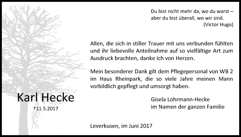  Traueranzeige für Karl Hecke vom 03.06.2017 aus Kölner Stadt-Anzeiger / Kölnische Rundschau / Express