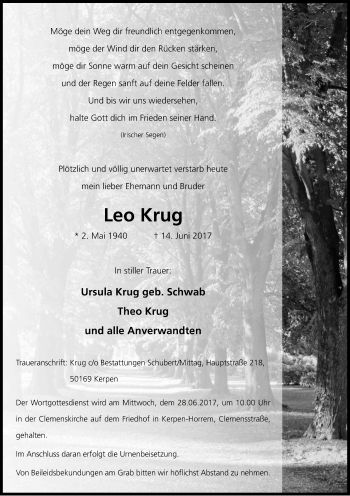 Anzeige von Leo Krug von Kölner Stadt-Anzeiger / Kölnische Rundschau / Express