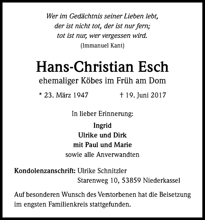  Traueranzeige für Hans-Christian Esch vom 01.07.2017 aus Kölner Stadt-Anzeiger / Kölnische Rundschau / Express