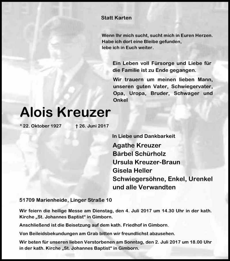  Traueranzeige für Alois Kreuzer vom 29.06.2017 aus Kölner Stadt-Anzeiger / Kölnische Rundschau / Express