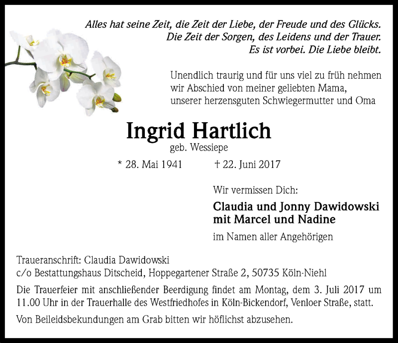  Traueranzeige für Ingrid Hartlich vom 24.06.2017 aus Kölner Stadt-Anzeiger / Kölnische Rundschau / Express