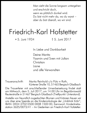 Anzeige von Friedrich-Karl Hofstetter von Kölner Stadt-Anzeiger / Kölnische Rundschau / Express