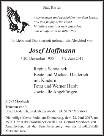 Anzeige von Josef Hoffmann von  Lokalanzeiger 