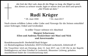 Anzeige von Rudi Krüger von Kölner Stadt-Anzeiger / Kölnische Rundschau / Express