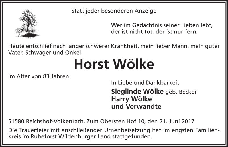 Traueranzeige für Horst Wölke vom 28.06.2017 aus  Anzeigen Echo 