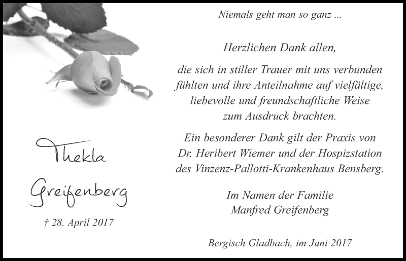  Traueranzeige für Thekla Greifenberg vom 14.06.2017 aus  Bergisches Handelsblatt 