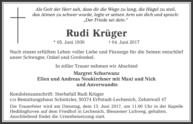  Traueranzeige für Rudi Krüger vom 10.06.2017 aus  Sonntags-Post 