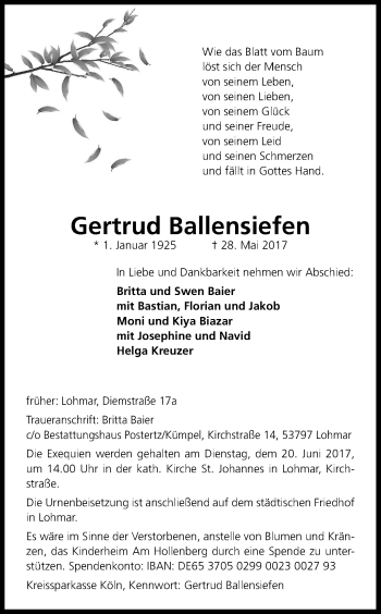 Anzeige von Getrud Ballensiefen von Kölner Stadt-Anzeiger / Kölnische Rundschau / Express