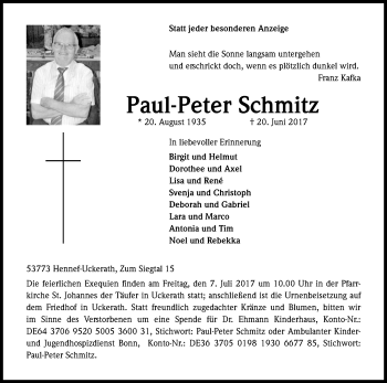 Anzeige von Paul-Peter Schmitz von Kölner Stadt-Anzeiger / Kölnische Rundschau / Express