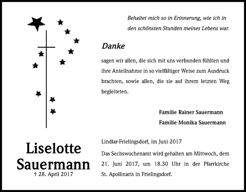  Traueranzeige für Liselotte Sauermann vom 17.06.2017 aus Kölner Stadt-Anzeiger / Kölnische Rundschau / Express