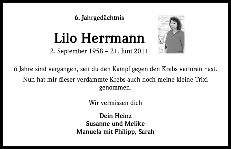  Traueranzeige für Lilo Herrmann vom 21.06.2017 aus Kölner Stadt-Anzeiger / Kölnische Rundschau / Express