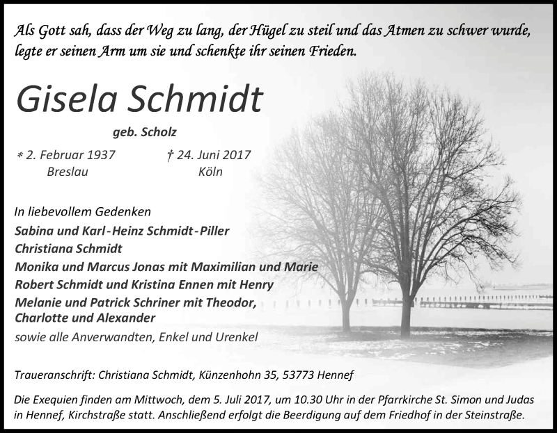  Traueranzeige für Gisela Schmidt vom 01.07.2017 aus Kölner Stadt-Anzeiger / Kölnische Rundschau / Express
