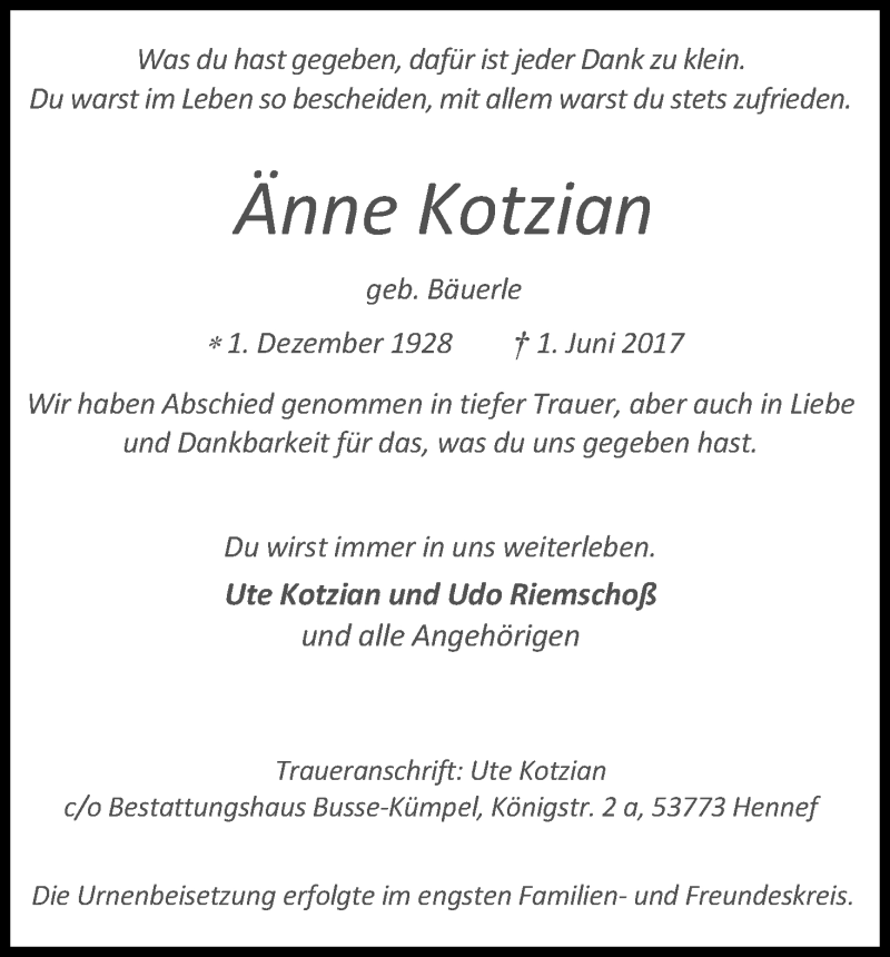  Traueranzeige für Änne Kotzian vom 27.06.2017 aus Kölner Stadt-Anzeiger / Kölnische Rundschau / Express