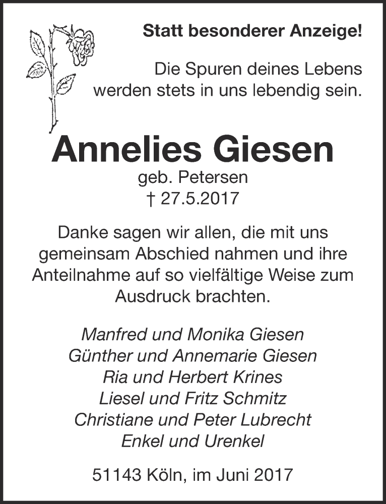  Traueranzeige für Annelies Giesen vom 21.06.2017 aus  Kölner Wochenspiegel  Extra Blatt 