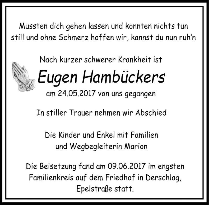  Traueranzeige für Eugen Hambückers vom 21.06.2017 aus  Anzeigen Echo 