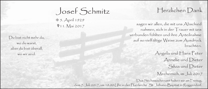  Traueranzeige für josef Schmitzherzlichen Dank vom 01.07.2017 aus  Blickpunkt Euskirchen 