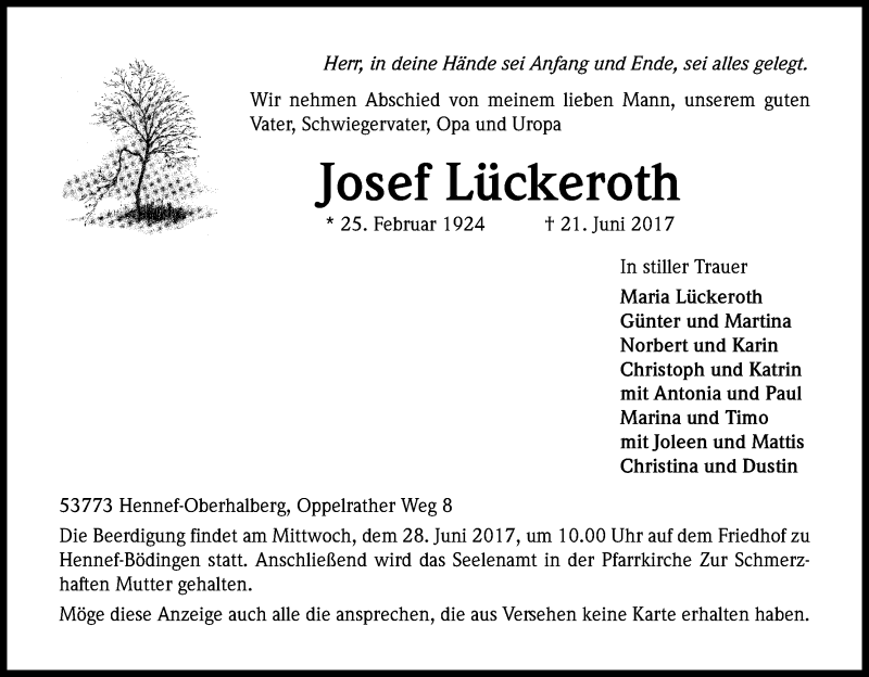  Traueranzeige für Josef Lückeroth vom 24.06.2017 aus Kölner Stadt-Anzeiger / Kölnische Rundschau / Express