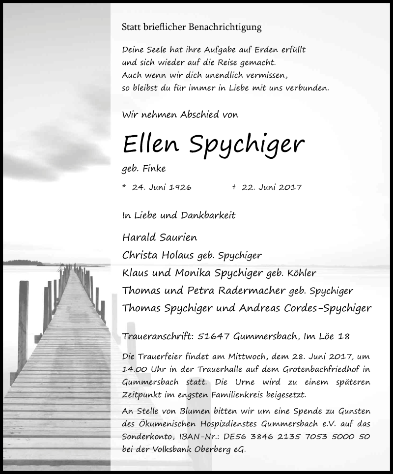  Traueranzeige für Ellen Spychiger vom 24.06.2017 aus Kölner Stadt-Anzeiger / Kölnische Rundschau / Express