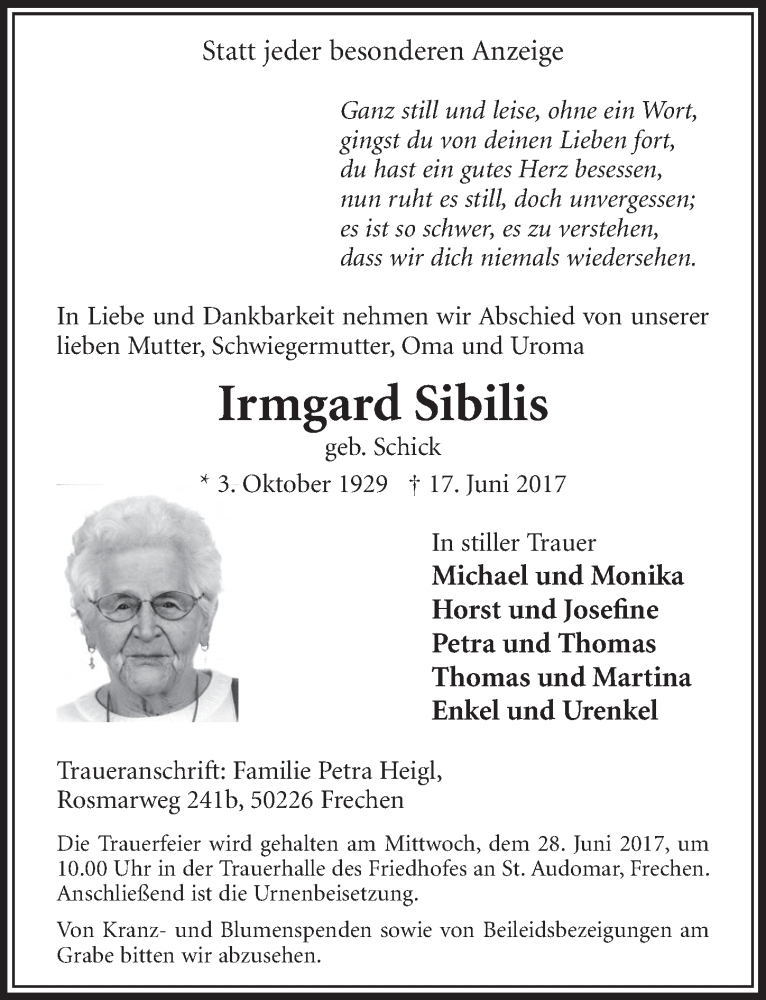  Traueranzeige für Irmgard Sibilis vom 24.06.2017 aus  Sonntags-Post 