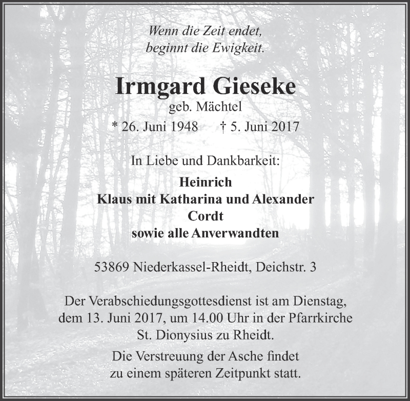  Traueranzeige für Irmgard Gieseke vom 10.06.2017 aus  Rhein-Sieg-Wochenende 