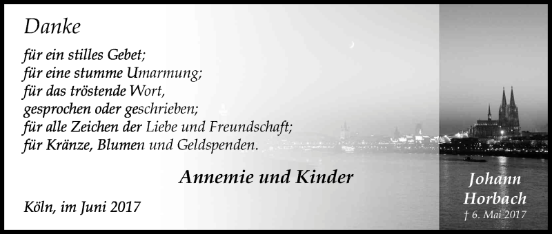  Traueranzeige für Johann Horbach vom 10.06.2017 aus Kölner Stadt-Anzeiger / Kölnische Rundschau / Express