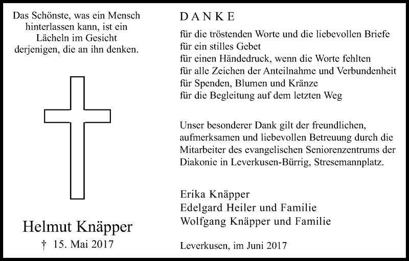  Traueranzeige für Helmut Knäpper vom 24.06.2017 aus Kölner Stadt-Anzeiger / Kölnische Rundschau / Express
