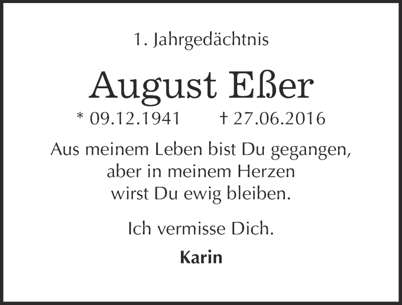  Traueranzeige für August Eßer vom 28.06.2017 aus  Kölner Wochenspiegel 