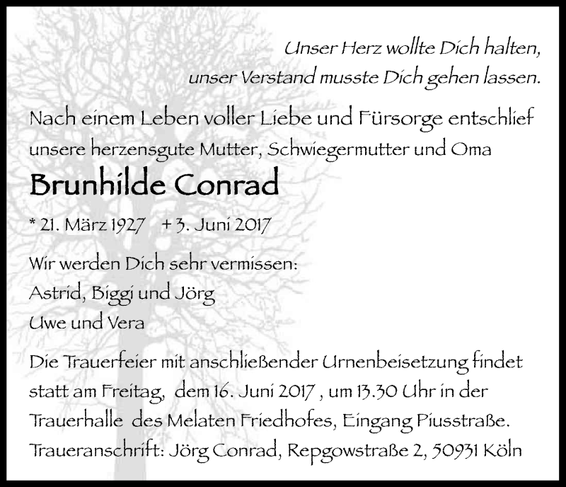  Traueranzeige für Brunhilde Conrad vom 10.06.2017 aus Kölner Stadt-Anzeiger / Kölnische Rundschau / Express
