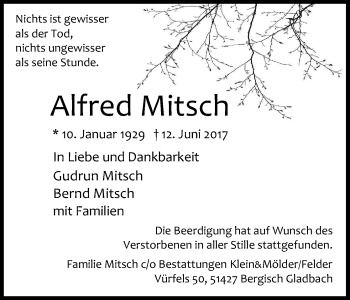 Anzeige von Alfred Mitsch von Kölner Stadt-Anzeiger / Kölnische Rundschau / Express