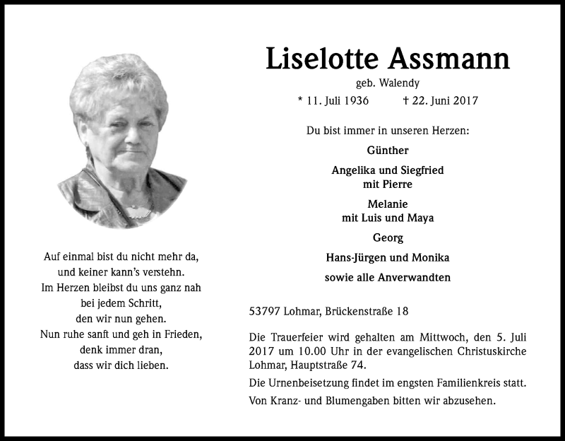  Traueranzeige für Liselotte Assmann vom 01.07.2017 aus Kölner Stadt-Anzeiger / Kölnische Rundschau / Express