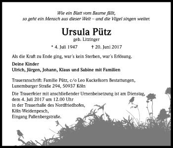 Anzeige von Ursula Pütz von Kölner Stadt-Anzeiger / Kölnische Rundschau / Express