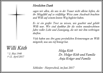 Anzeige von Willi Köth von Kölner Stadt-Anzeiger / Kölnische Rundschau / Express