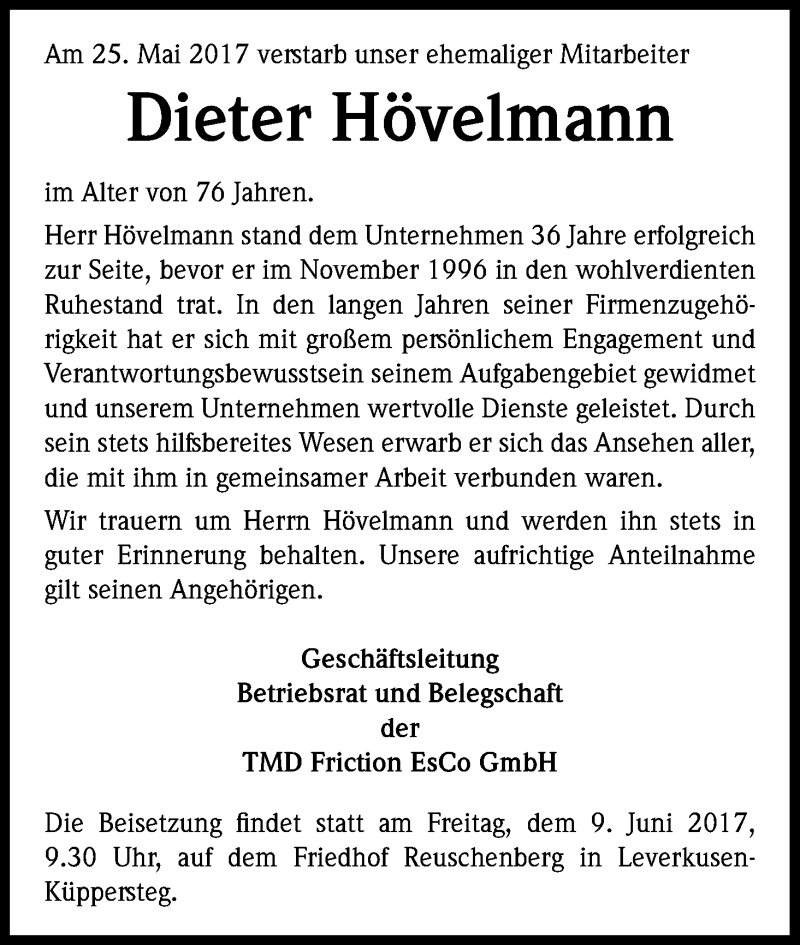  Traueranzeige für Dieter Hövelmann vom 09.06.2017 aus Kölner Stadt-Anzeiger / Kölnische Rundschau / Express