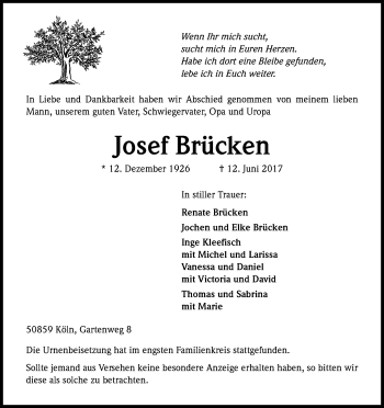 Anzeige von Josef Brücken von Kölner Stadt-Anzeiger / Kölnische Rundschau / Express