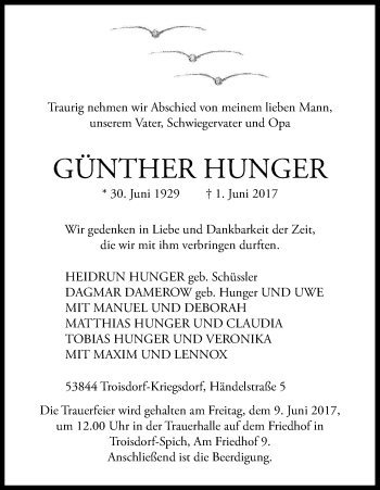 Anzeige von Günther Hunger von Kölner Stadt-Anzeiger / Kölnische Rundschau / Express