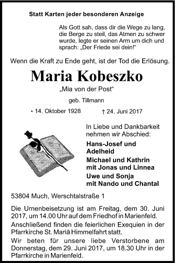 Anzeige von Maria Kobeszko von Kölner Stadt-Anzeiger / Kölnische Rundschau / Express