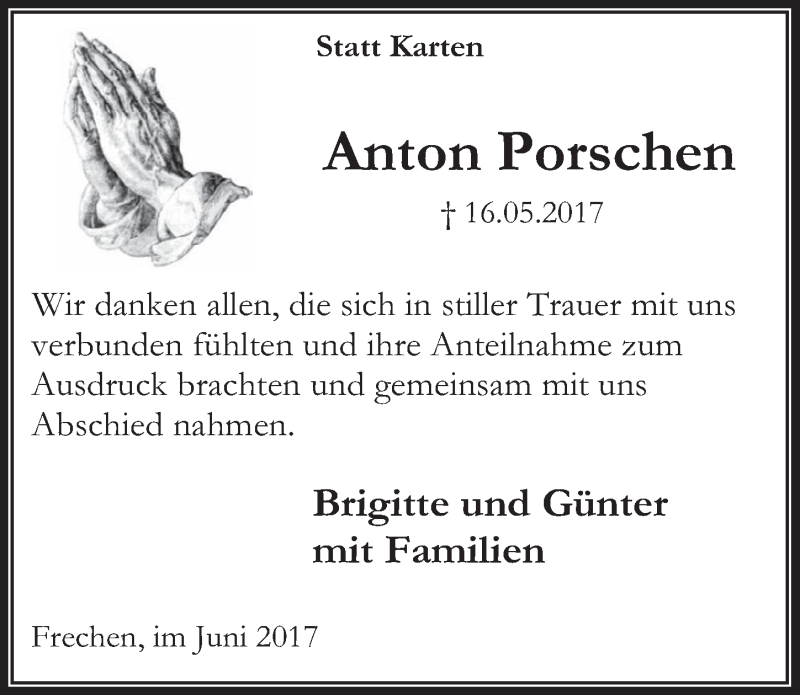  Traueranzeige für Anton Porschen vom 21.06.2017 aus  Wochenende 