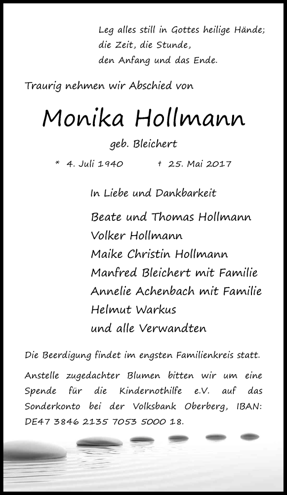  Traueranzeige für Monika Hollmann vom 03.06.2017 aus Kölner Stadt-Anzeiger / Kölnische Rundschau / Express