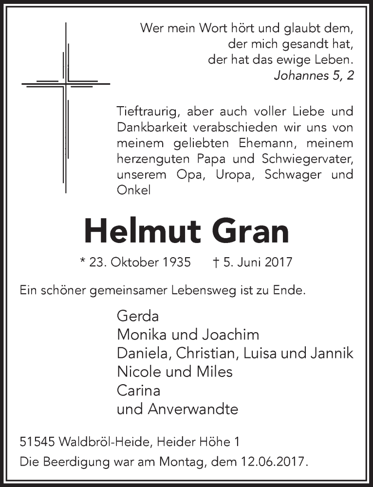  Traueranzeige für Helmut Gran vom 14.06.2017 aus  Lokalanzeiger 