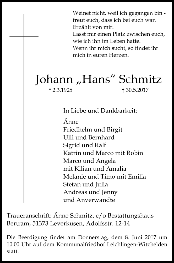  Traueranzeige für Johann Schmitz vom 03.06.2017 aus Kölner Stadt-Anzeiger / Kölnische Rundschau / Express