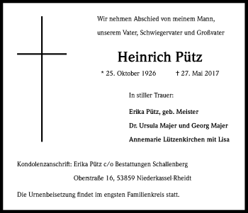 Anzeige von Heinrich Pütz von Kölner Stadt-Anzeiger / Kölnische Rundschau / Express