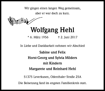 Anzeige von Wolfgang Hehl von Kölner Stadt-Anzeiger / Kölnische Rundschau / Express