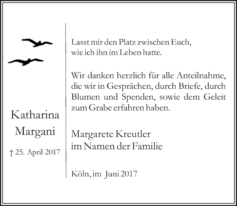  Traueranzeige für Katharina Margani vom 14.06.2017 aus  Wochenende 