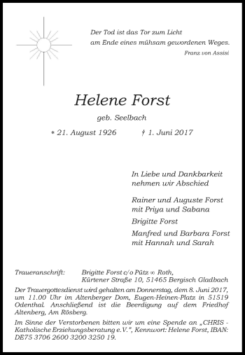Anzeige von Helene Forst von Kölner Stadt-Anzeiger / Kölnische Rundschau / Express