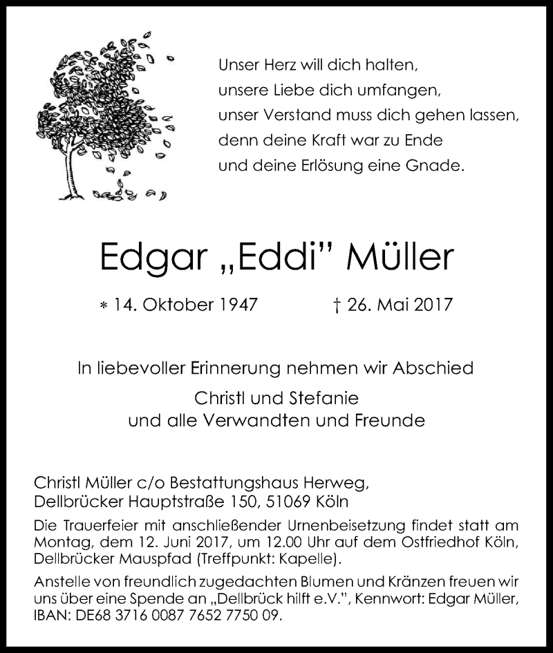 Traueranzeige für Edgar Müller vom 03.06.2017 aus Kölner Stadt-Anzeiger / Kölnische Rundschau / Express