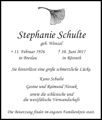 Anzeige von Stephanie Schulte von Kölner Stadt-Anzeiger / Kölnische Rundschau / Express